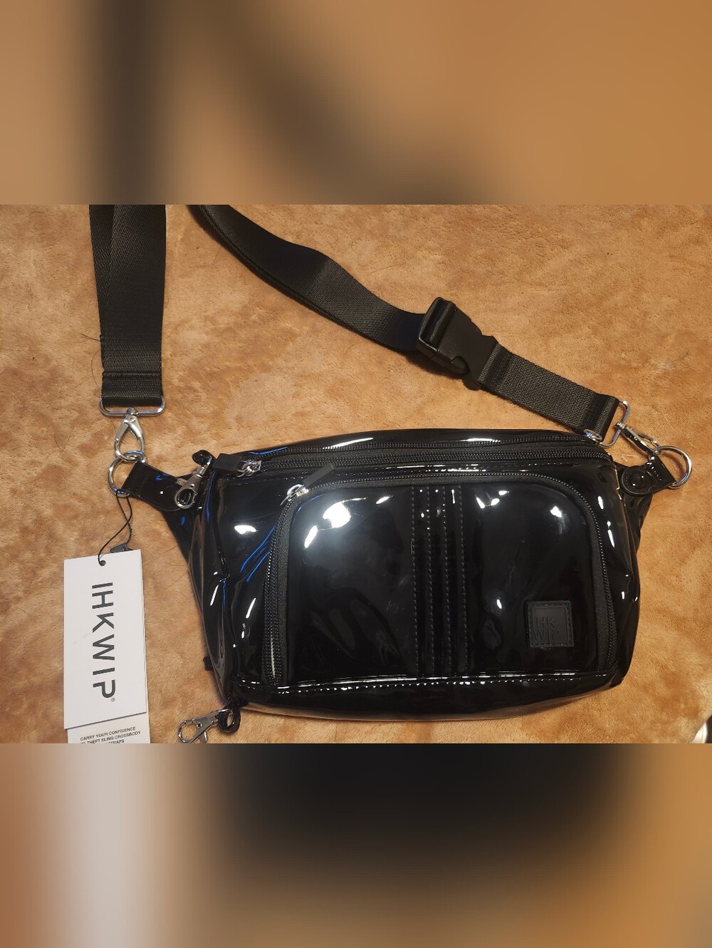 IHKWIP Carry Your Confidence Anti-Theft Sling Crossbody Patent Black NWT 2 Strap